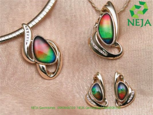 bộ trang sức dây chuyền và bông tai bằng đá ammolite